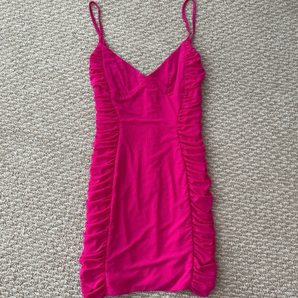 American Threads Hot Pink Ruched Mini Dress